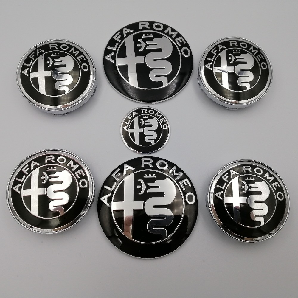 7pcs New Alfa Romeo Emblem 74mm Hood Trunk Steering Wheel Badge 60mm Center Cap Wheel Logo Brera 159 SW New Spider Giulietta