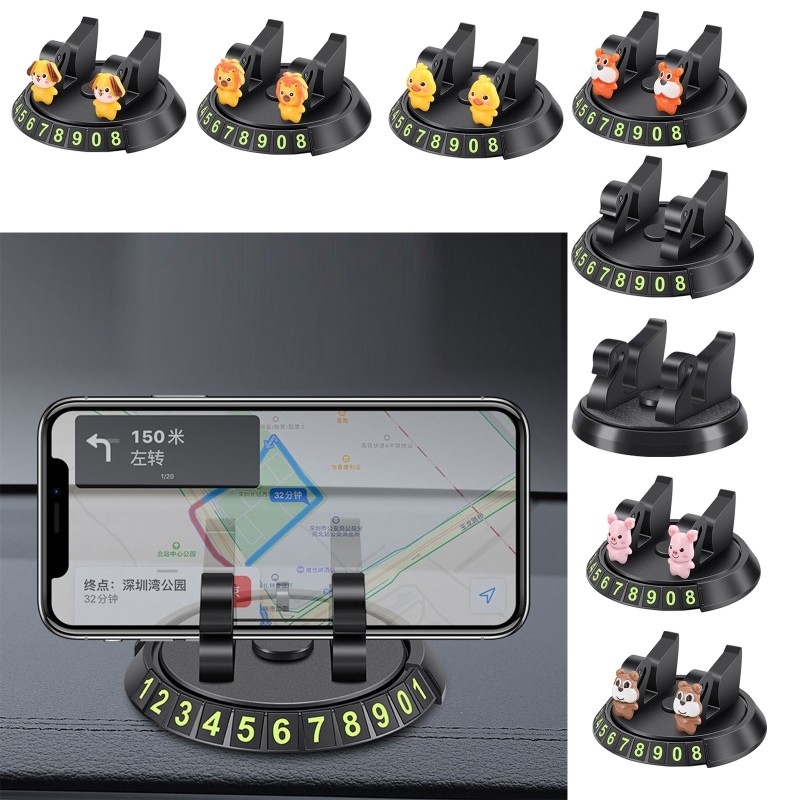 G99F 360 Degree Rotation Car Phone Holder Navigation With Hidden Parking Number Plate Cartoon Cute Doll Ornament Phone Bracket