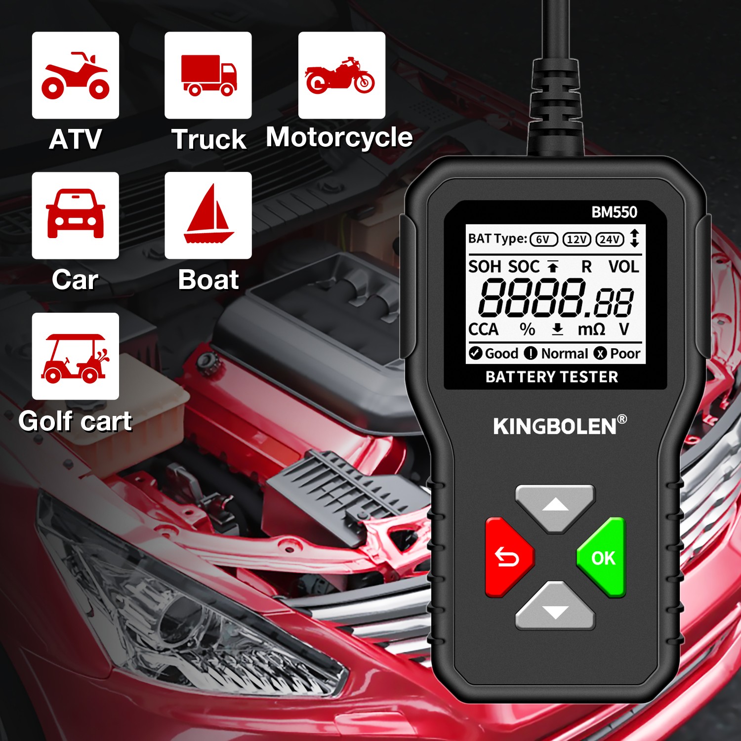 BM550 سيارة جهاز اختبار بطارية OBD2 6V 12V 24V 100-2000 CCA 2Ah-220Ah نظام البطارية كشف السيارات مُحلل بطارية تشخيص أداة # KL1