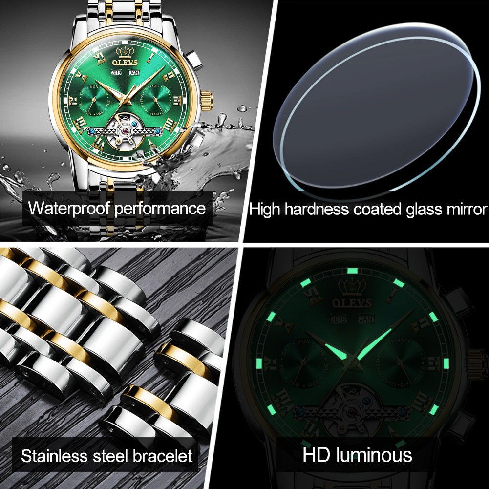 OLEVS Automatic Mechanical Men Watches Stainless Steel Waterproof Date Week Green Fascio Classic Wristwatches Reloj Hombre