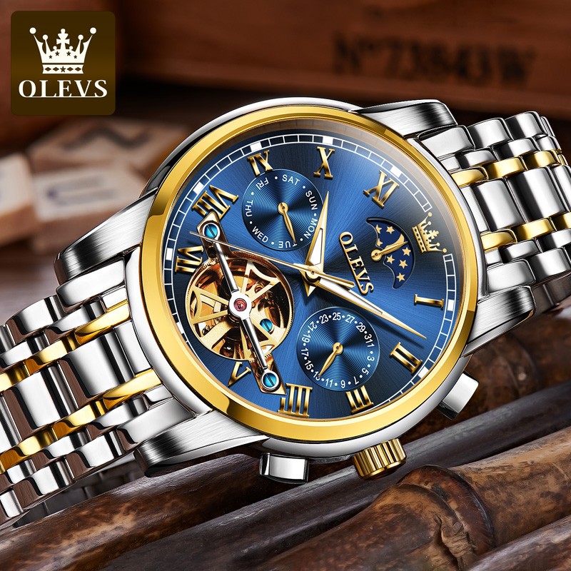 OLEVS-Men's Mechanical Watch, Classic, Water Resistant, Stainless Steel, Skeleton, Mechanical