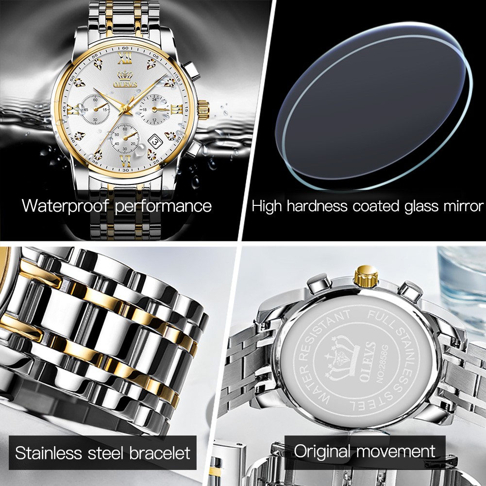 OLEVS Top Brand Luxury Quartz Watch Men Waterproof Stainless Steel Watch Man Luminous Stop Date Display Male Wristwatch