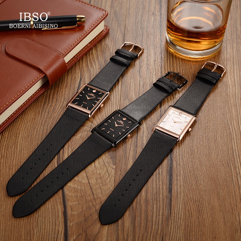 IBSO 7mm Ultra-thin Rectangle Dial Quartz Wristwatch Black Genuine Leather Strap Watch Men Business Classic Men's Quartz Watches