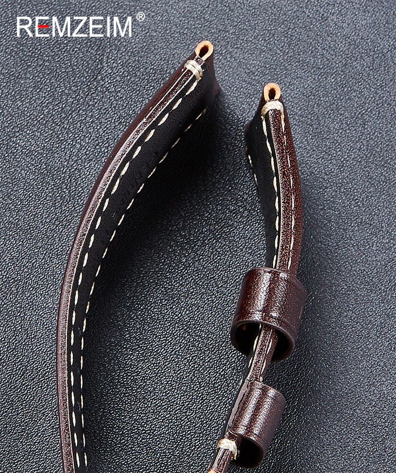 Remz Patterned - Genuine Leather Watch Strap, Brown, Green, Antique, 20, 22, 24, 26 mm, with Black and Silver Buckle