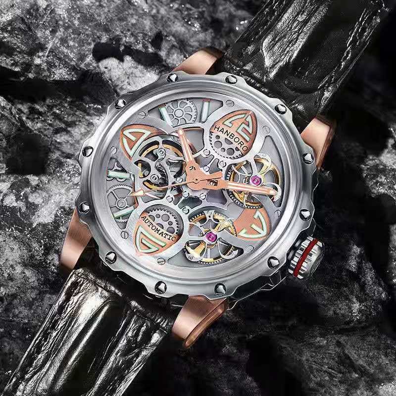 HANBORO Double Flywheel Hollow Automatic Mechanical Watches Men Brand Waterproof Luminous Man Watch Fashion relogio masculino