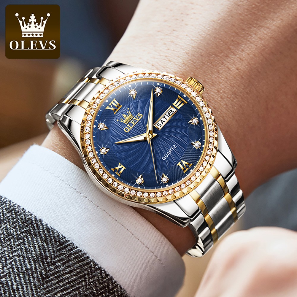 OLEVS Quartz Stainless Steel Strap Men's Wristwatches Waterproof Business Golden Diamond Inlaid Luxury Watch For Men Luminous