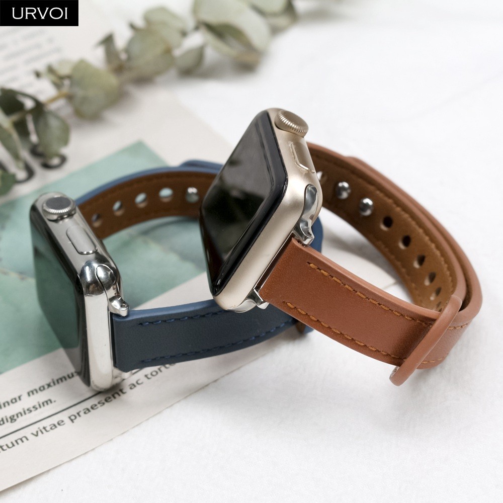 URVOI Strap for Apple Watch Series 7 6 SE 5 4 3 Sport Band Slim Genuine Leather Double Pin Buckle for iWatch Modern Design 40mm