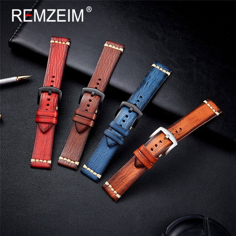 REMZEIM Retro Handmade Genuine Leather Strap Vegetable Tanned Leather Watchband 18 20 22 24mm High Quality Business Watch Band