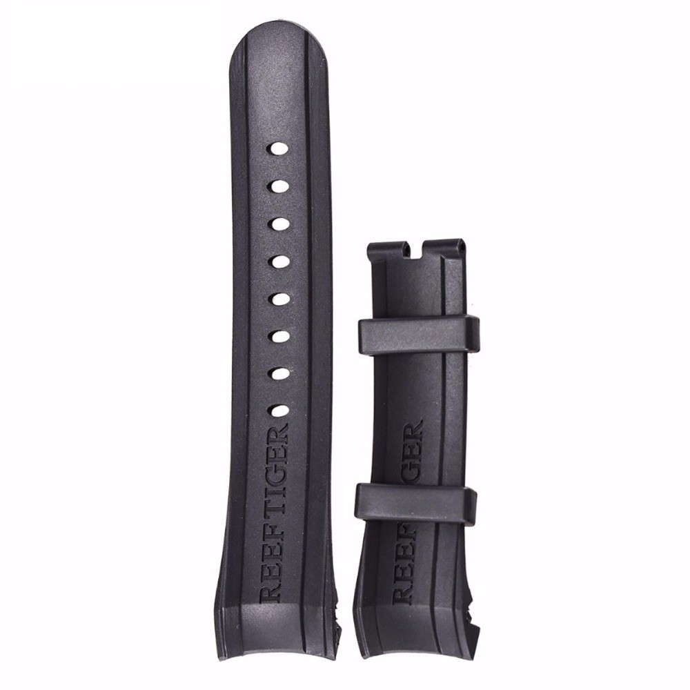 Reef Tiger Rubber Watch Strap, 29 cm, Black, with Tang Buckle for Aurora Clasps and Adapter