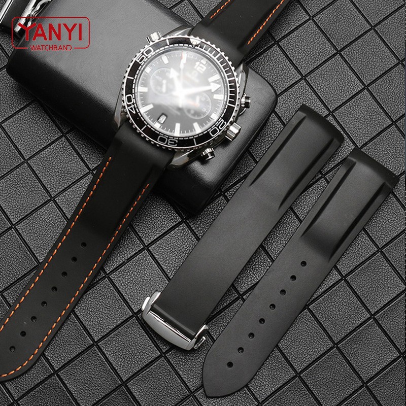 Rubber watch strap 20mm 22mm silicone watchband suitable for omega watch band folding clasp curved end wrist strap