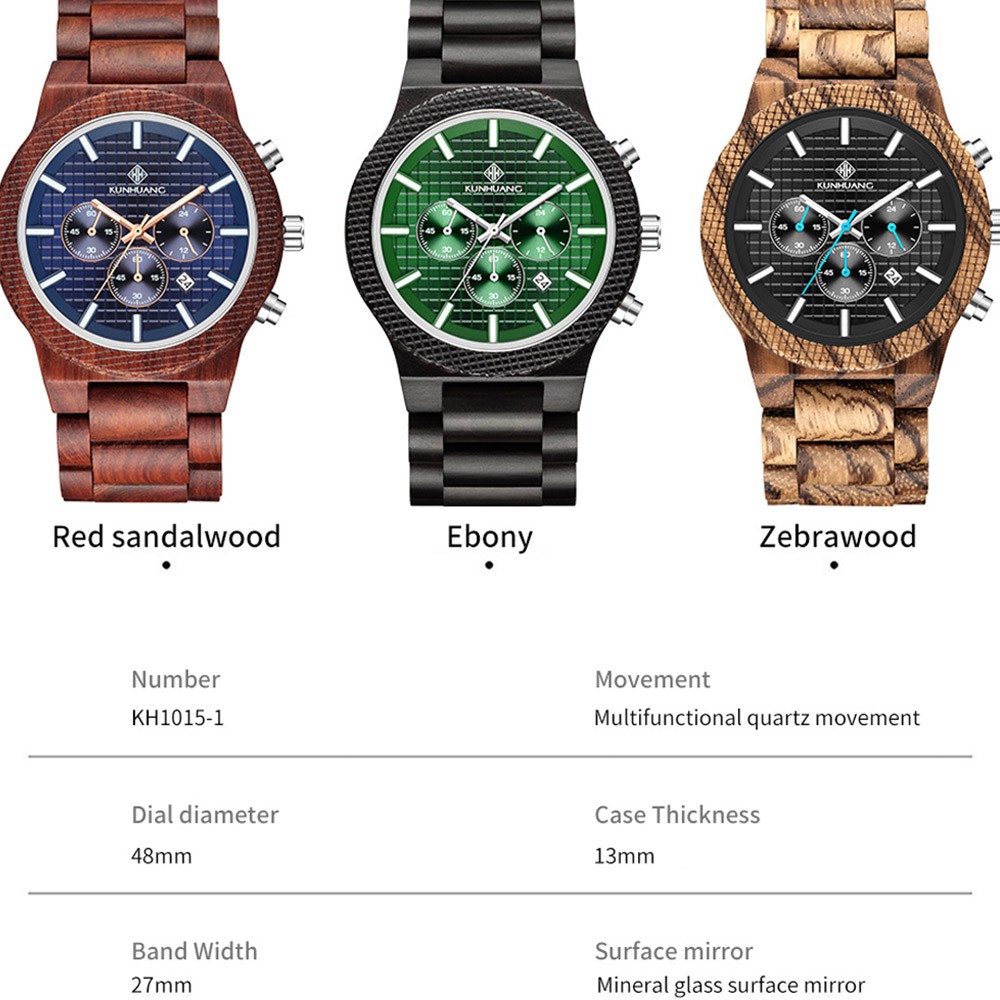 Kunhuang Luxury Elegant Men Wood Watch Military Chronograph Watches Quartz Relogio Masculino Custom Dropshipping