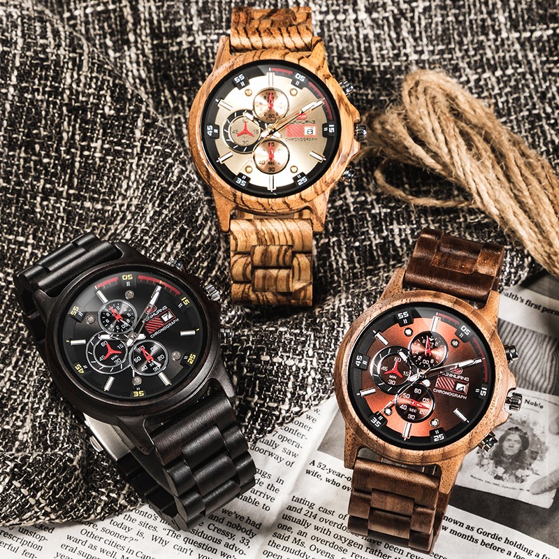 Kunhuang Luxury Natural Zebra Wood Watch Fashion Multifunction Quartz Men's Watch Chronograph Mineral Glass reloj de hombre