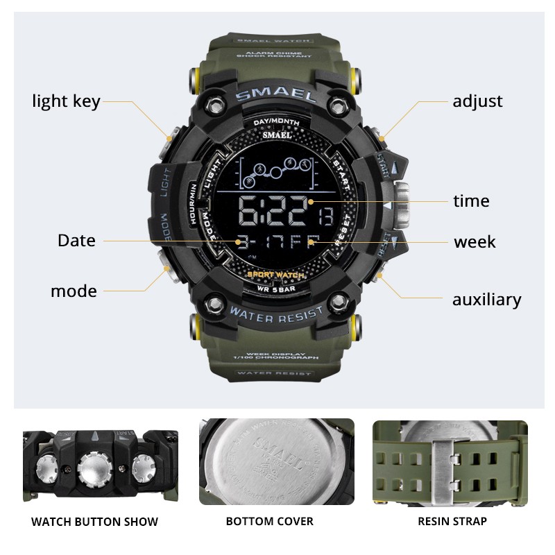 SMAEL Military Watch Men Water Resistant Army Sport Watch led Digital Wristwatch Male Stopwatches 1802 relogio masculino watches