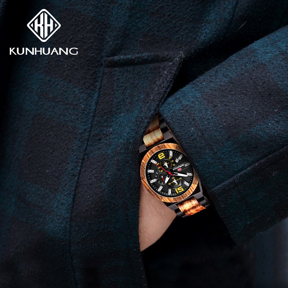 Kunhuang Luxury Wood Stainless Steel Men Watch Fashion Wooden Watches Chronograph Quartz Watches relogio masculino gift man