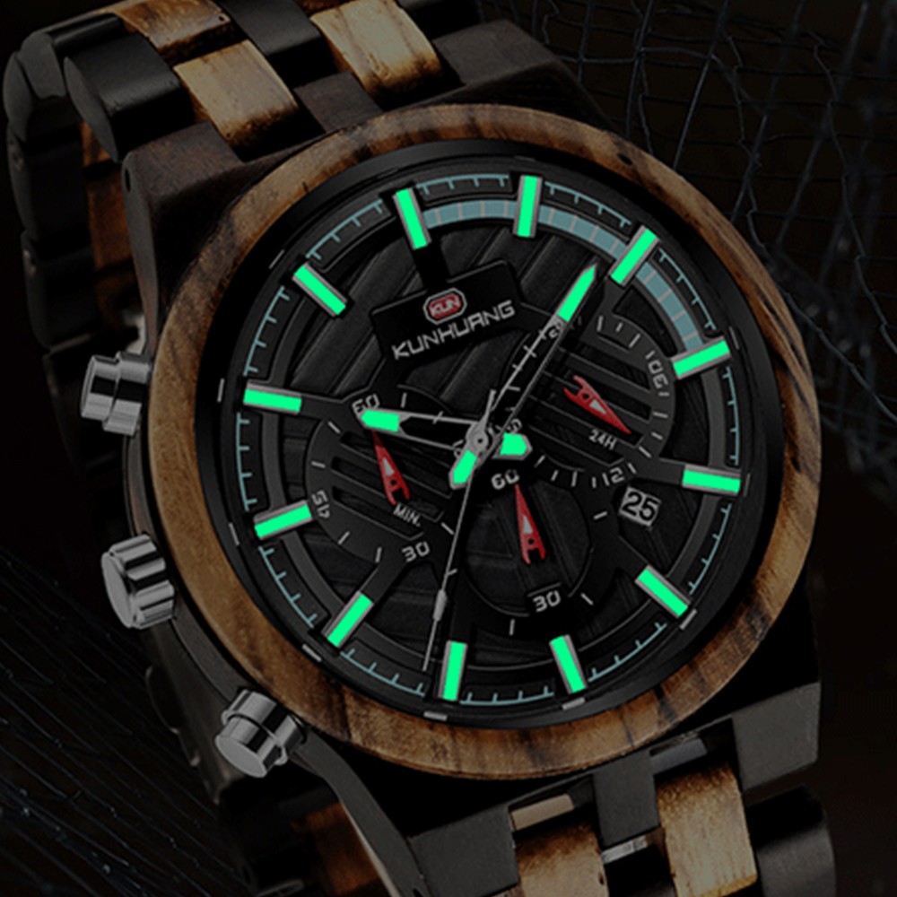 Relogio Masculino KUNHUANG Men's Wooden Watch Top Brand Luxury Stylish Chronograph Military Watches in Wooden Box reloj hom