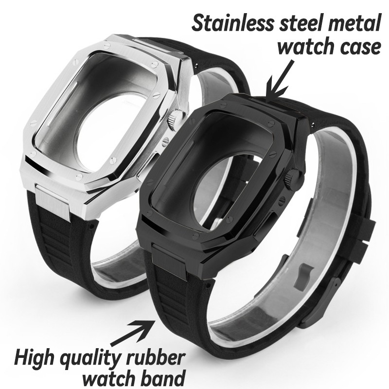 Luxury Stainless Steel for Apple Watch Band 7 41 44 45mm Noble Metal Set Rubber Strap for iWatch Series SE 6543 Modification Kit