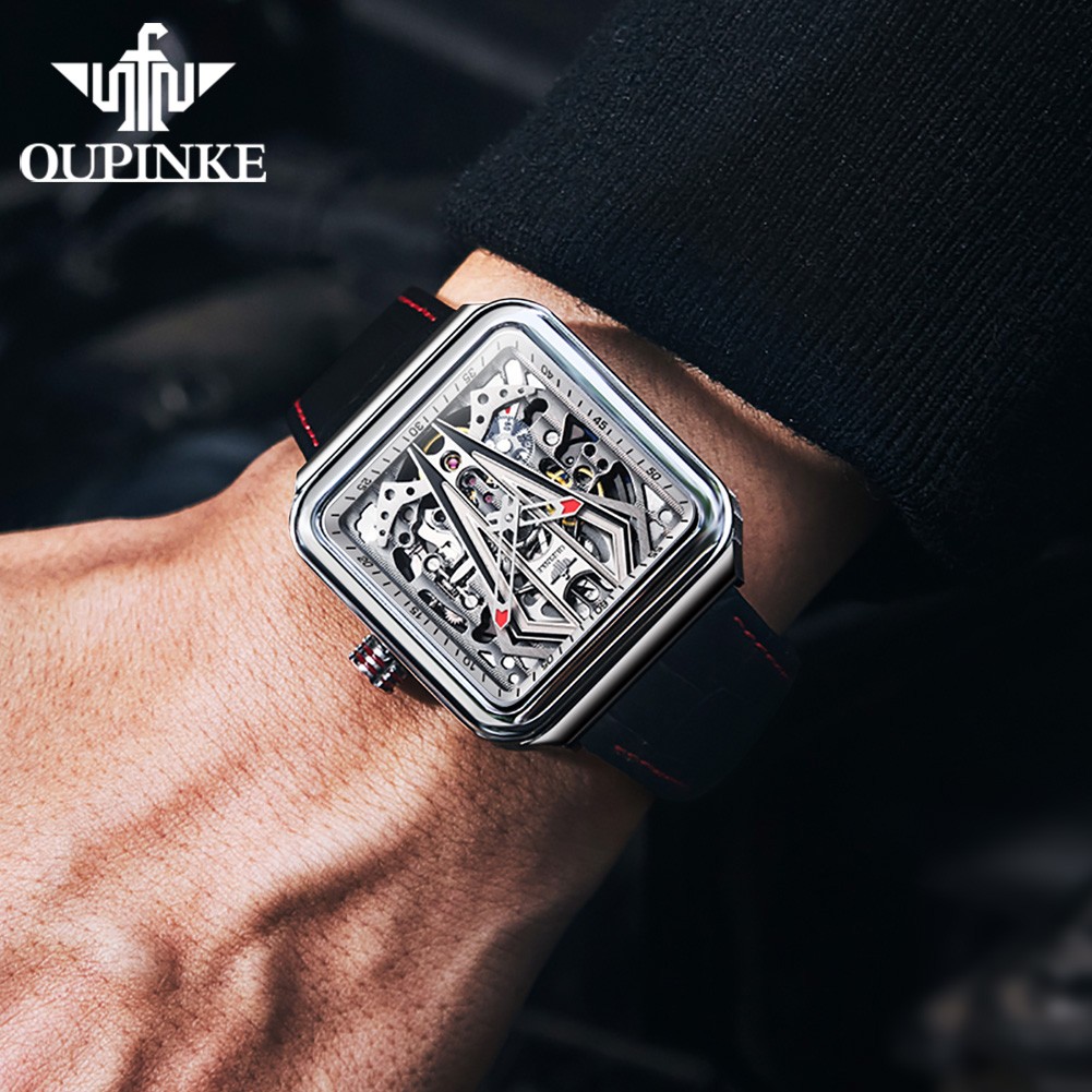 OUPINKE Automatic Watch Men Skeleton Mechanical Watch Steampunk Sapphire Crystal Square Leather Transparent Sports Wristwatches