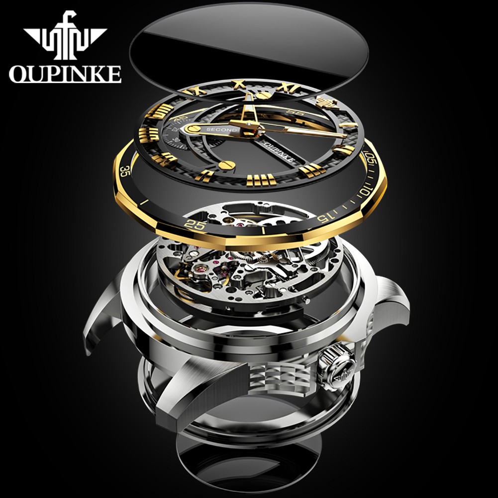 OUPINKE watch for men luxury brand men mechanical wristwatches skeleton design automatic watches sapphire glass watch 3178