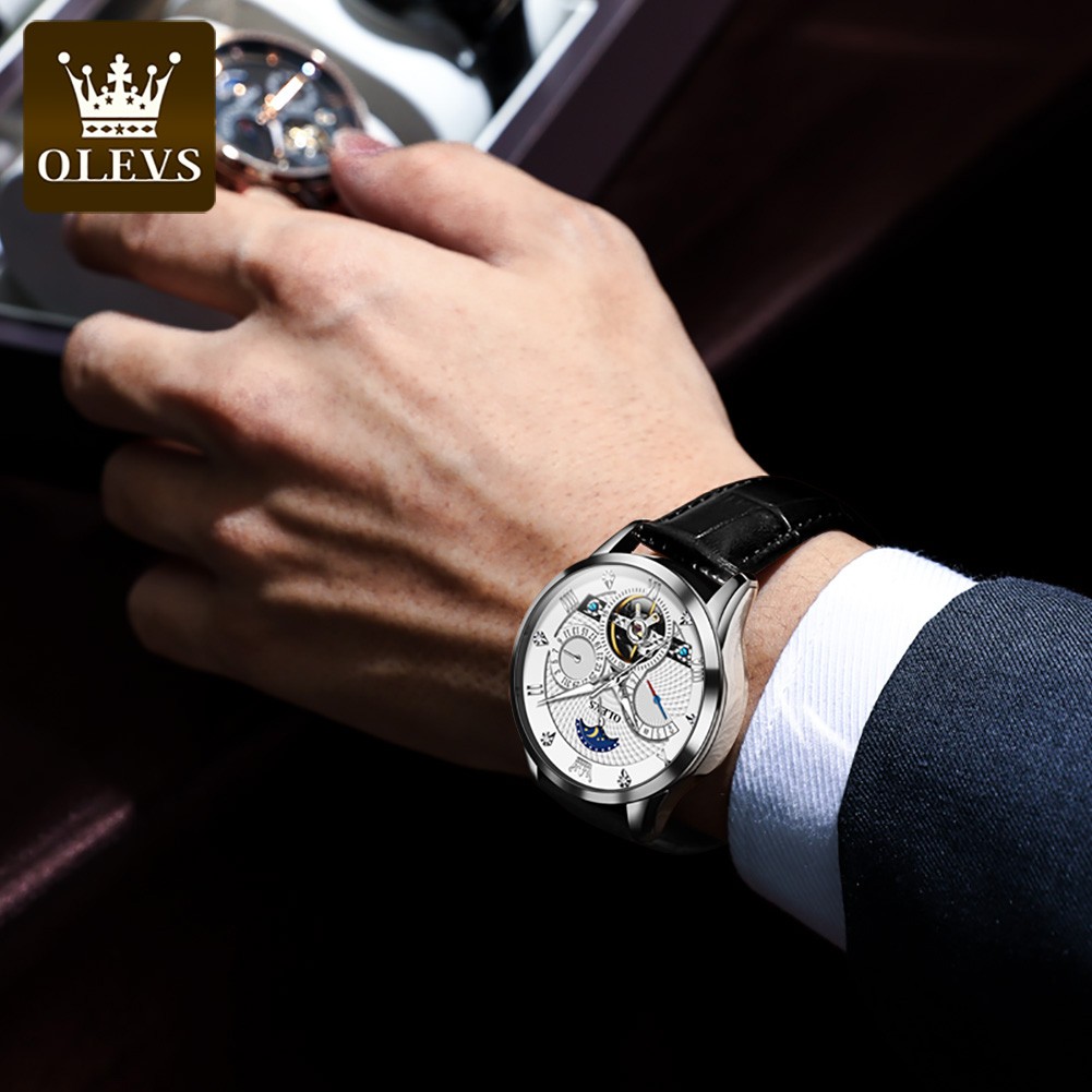 OLEVS New Luxury Men Automatic Mechanical Watch Waterproof Luminous Hollow Watches for Men Leather Strap Moon Phase Calendar