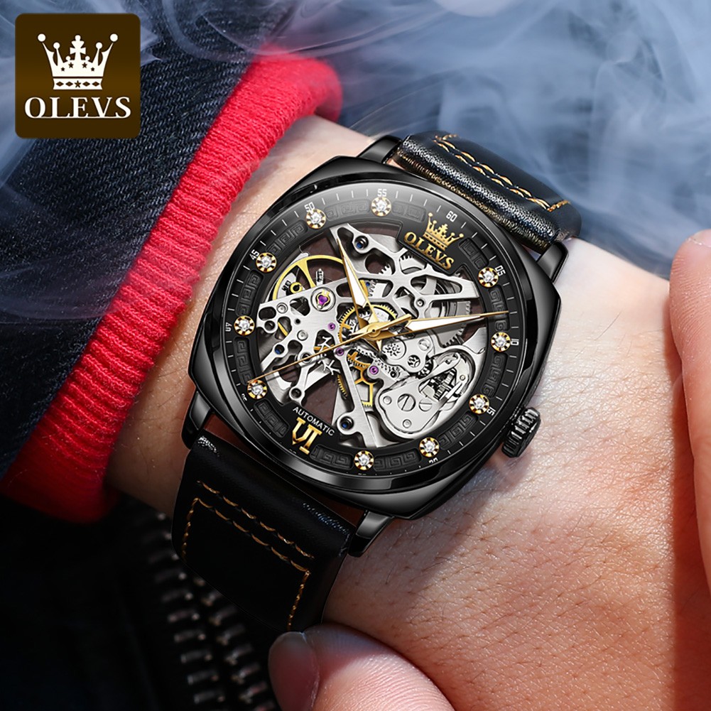 OLEVS Watch for Men Luxury Brand Diamond Automatic Mechanical Wristwatches Skeleton Design Waterproof Leather Men's Watches