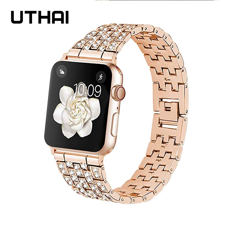 UThai P70 Watch for Men Apple Watch 44mm 38mm 40mm 42mm Series 7 Bands Smart Watch Stainless Steel Bracelet Strap with Diamonds