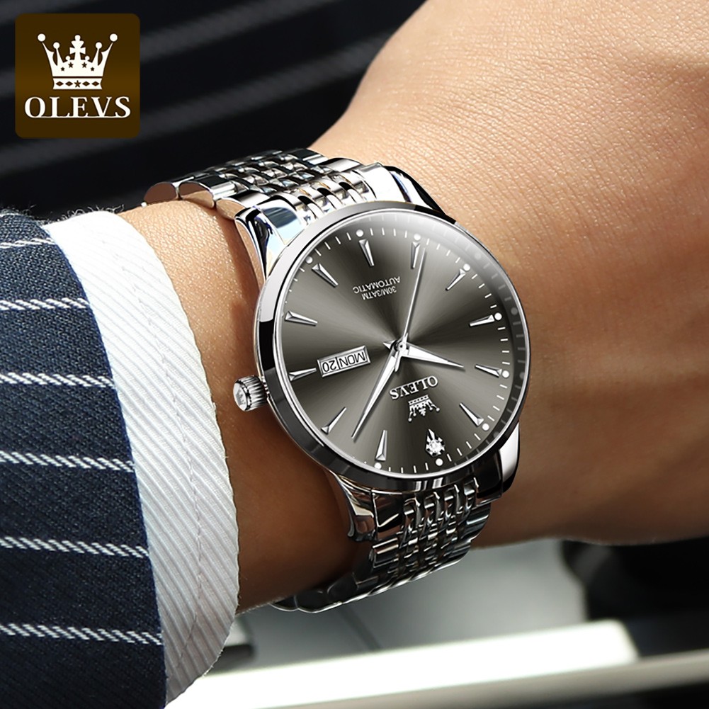 OLEVS Luxury Stainless Steel Mechanical Watches for Men Waterproof Automatic Watch Calendar Luminous Men Mechanical Wristwatches