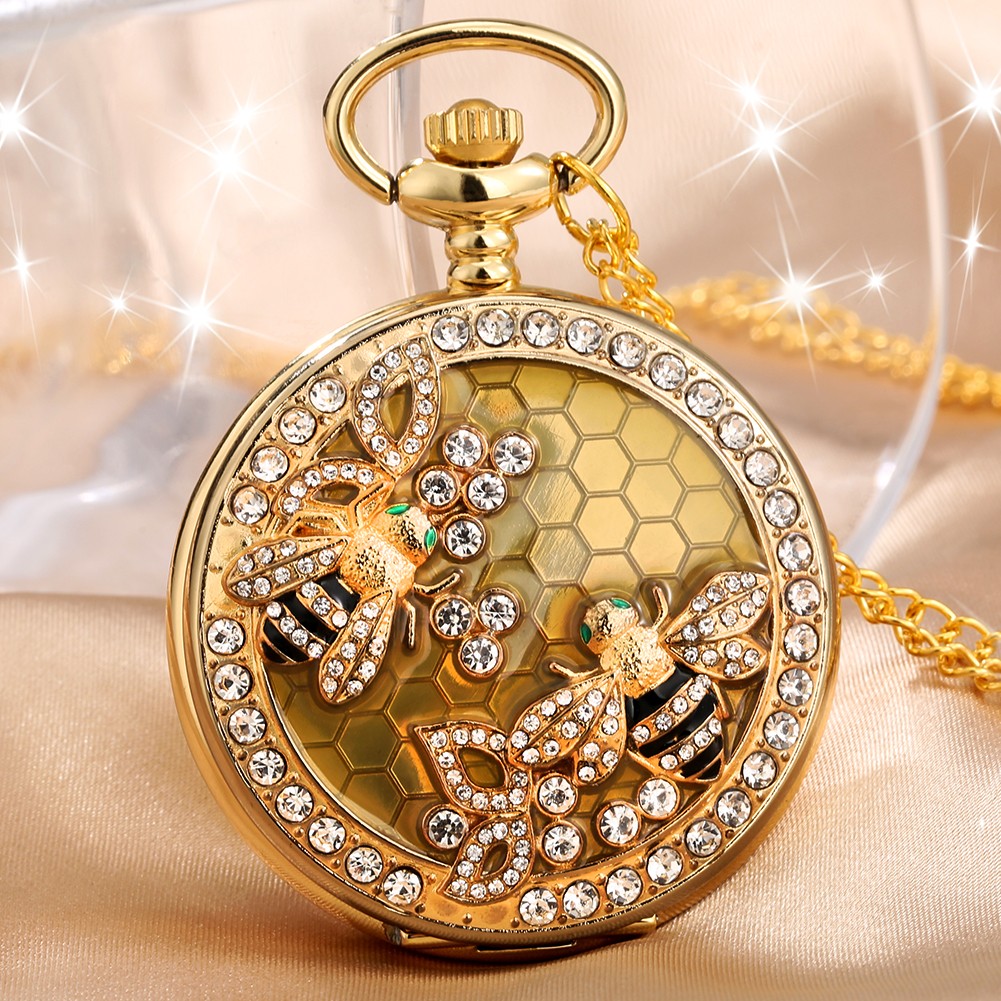 2022 New Unisex Gold Quartz Face Chain Pocket Watch Transparent Dripping Glue Diamond Bee Pattern Birthday Gift for Friend