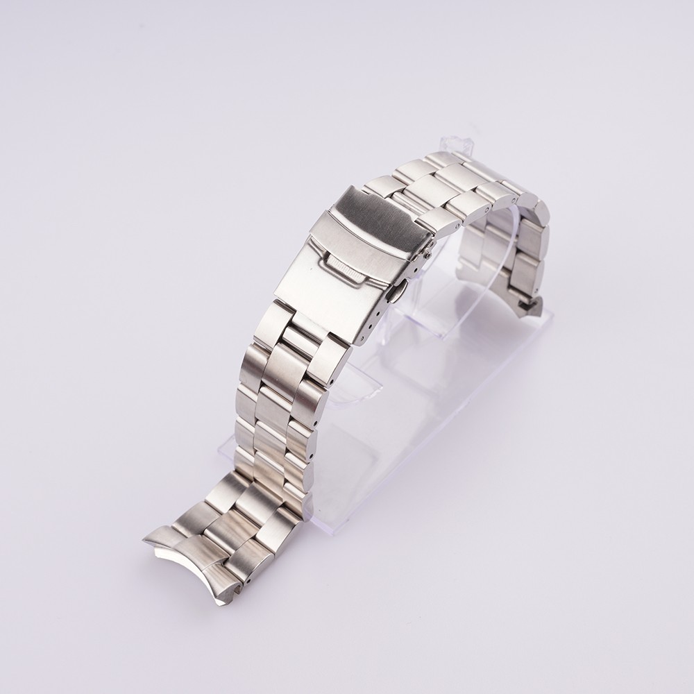 Rolamy 22mm Silver All Brushed Solid Curved End Links Replacement Watchband Bracelet Double Push Clasp For Seiko SKX 007