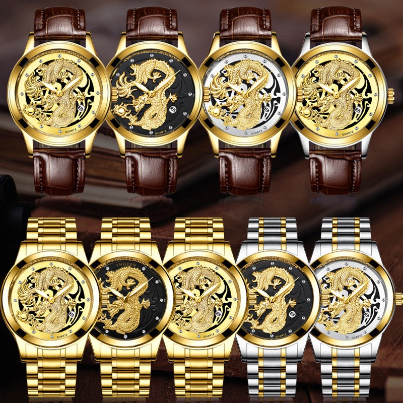 FNGEEN Mens Watches Luxury Brand Chinese Golden Dragon Quartz Watch Diamond Dial Stainless Steel Watch Male Relogio Masculin