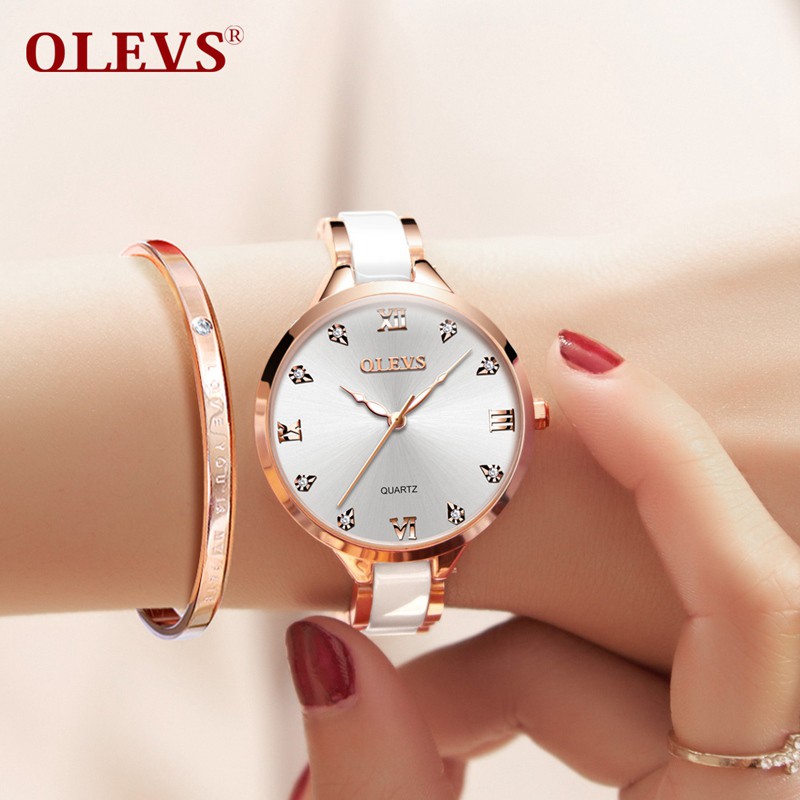 OLEVS Women Watches Fashion Trend Watch for Women Ceramic Strap Brick Dial Luminous Waterproof Quartz Wristwatch Casual Gift Set