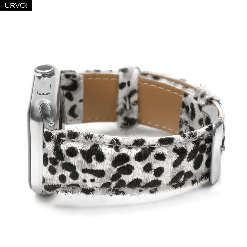 URVOI Band for Apple Watch 41 45mm Leather Strap for iwatch Series 7 6 SE 5 4 3 2 1 Horse Fur Leopard Print Pattern Comfortable