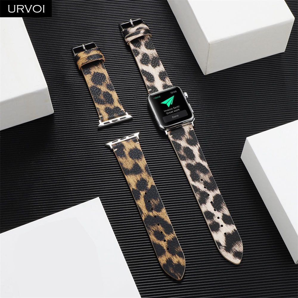 URVOI Leather Strap for Apple Watch Series 7 6 SE 5 4 3 2 1 Printing Strap for iWatch PU Leather Leopard Modern Style 41 45mm