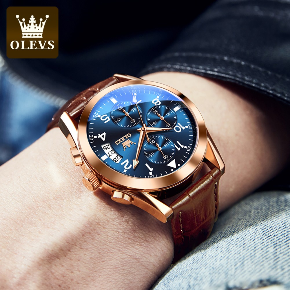 OLEVS Watch 2022 New Fashion Casual Mens Watches Luxury Brand Quartz Watch Premium Leather Waterproof Chronograph Watch for Men