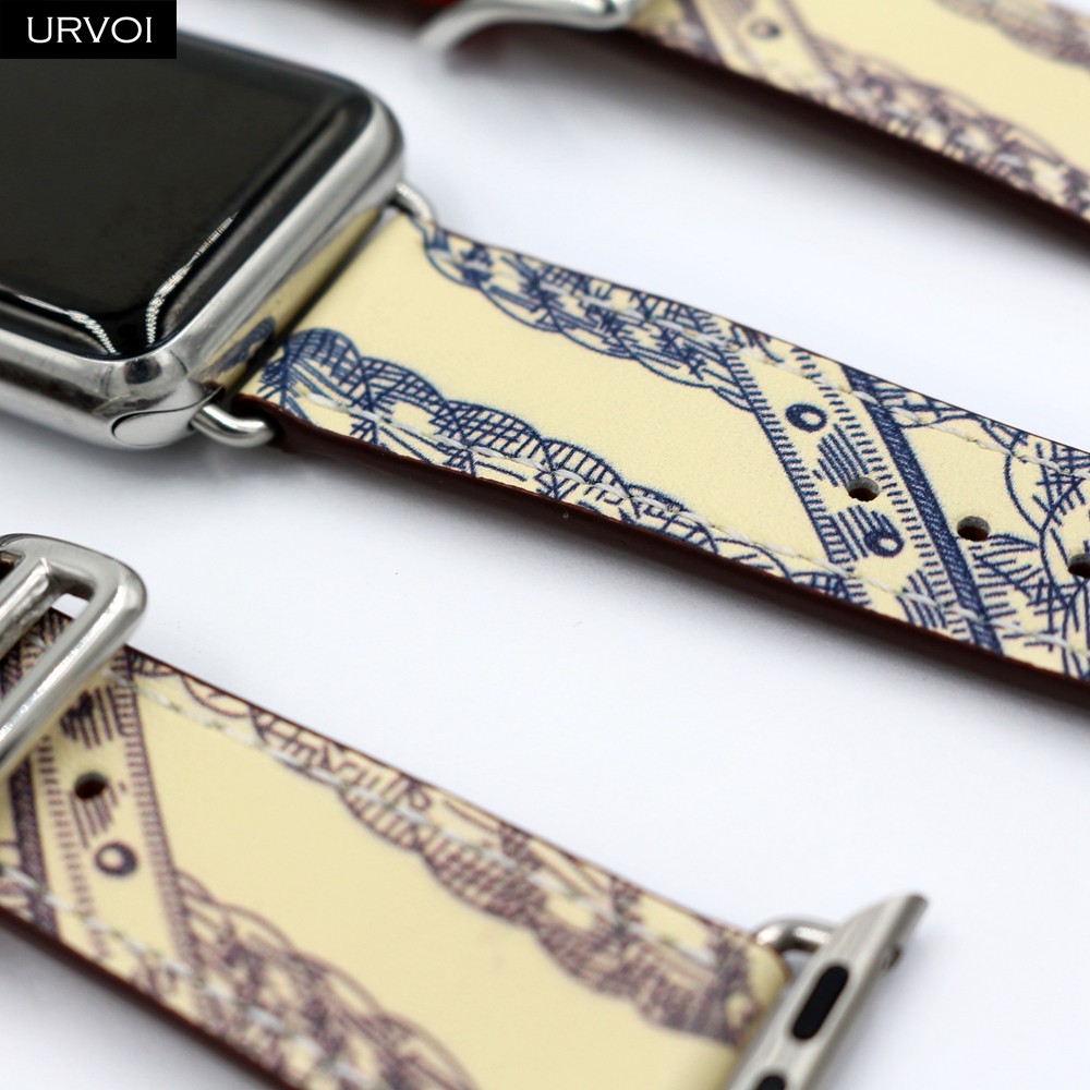 URVOI Printed One Round for Apple Watch Series 7 6 SE 5 4 3 2 Band Swift Leather Strap for iWatch 41 45mm Handmade Wristwatches 2020