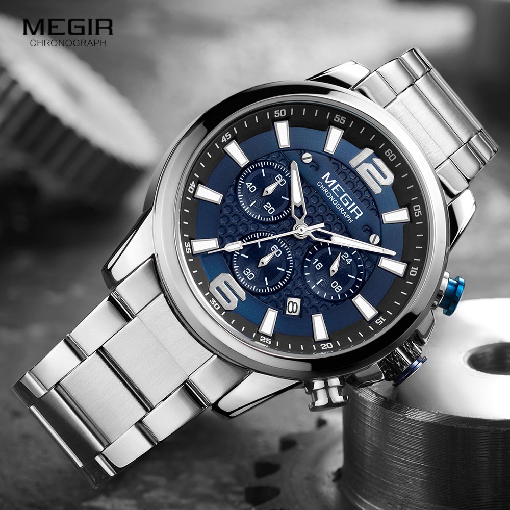 MEGIR 2020- Luxury Watches for Men, Men's Watch, Stainless Steel, Luminous, Water Resistant, Sport Chronograph, Quartz, Blue