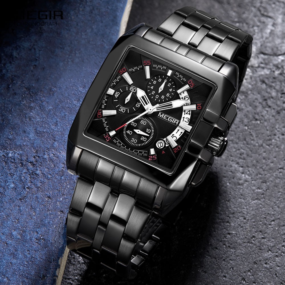 MEGIR Full Black Watches Men Luxury Chronograph Quartz Watch for Man Square Dial Luminous Wristwatch Relogios Relogios Reloj