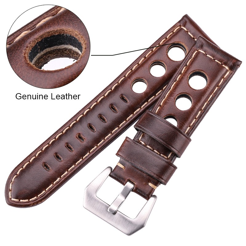 Cowhide Oil Wax Leather Watch Band, 22mm, 24mm, Dark Brown, for Men and Women, Genuine Leather, Fashionable, with Pin Buckle