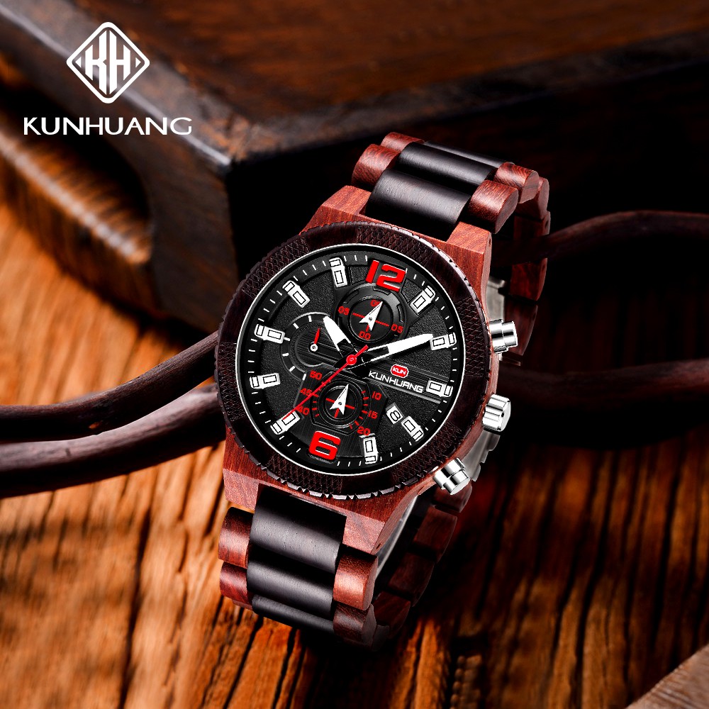 Kunhuang Men's Wooden Quartz Watches In Wood Luxury Brand Military Sports Watch Personality Male Clock Relogio Masculino