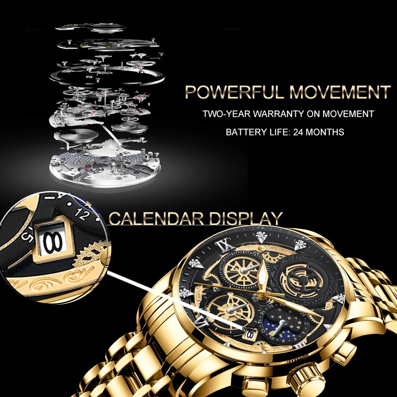 Men's Quartz Watch Automatic Calendar Movement Stainless Steel Luxury Rhinestone Waterproof Elite Men's Watch Relogio Masculino