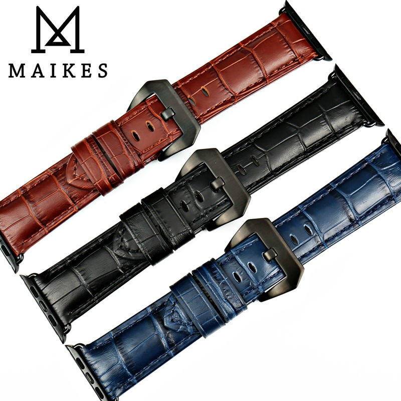 MAIKES Watchbands Genuine Cow Leather Watch Strap for Apple Watch Band 44mm 38mm Series 6/5/4 Iwatch 7 45mm 41mm Watchband