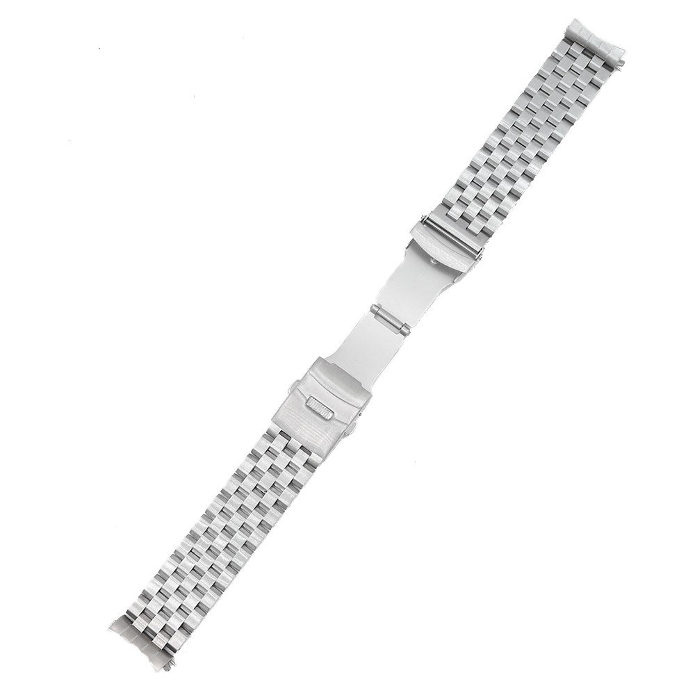 Carliot 22mm Silver Hollow Curved End Solid Links Replacement Watch Band Bracelet Double Push Clasp for Seiko