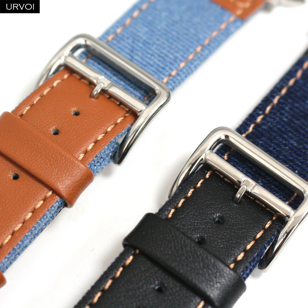 URVOI Strap for Apple Watch Series 7 654321SE Jean Band with Genuine Leather Strap for iWatch Denim Design Canvas Denim Wristband