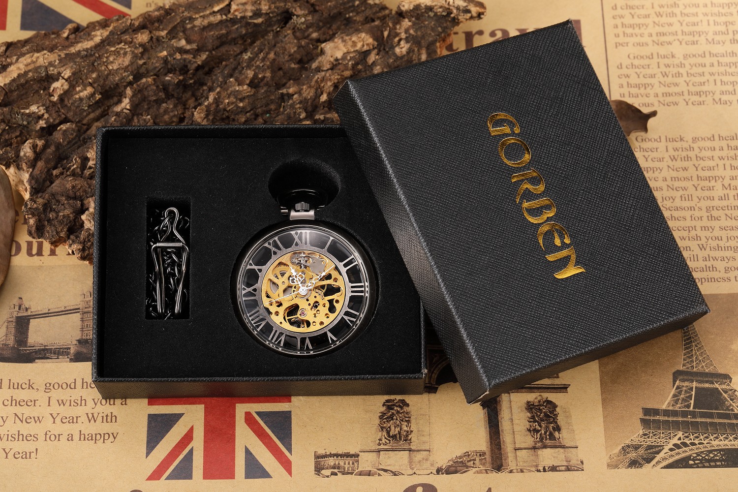 Hand Wind Mechanical Luxury Steampunk Pocket Watch Hollow Men Watches Roman Numeral Clock With Fob Chain With Box Reloj Hombre