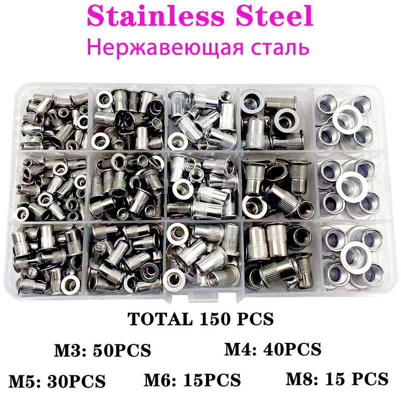 150pcs Rivet Nut Thread Insert Stainless Steel Rivet Nut Rivet Nut With Threaded Retainer Mechanical Tools Clamping Lever Rivet Nut Set