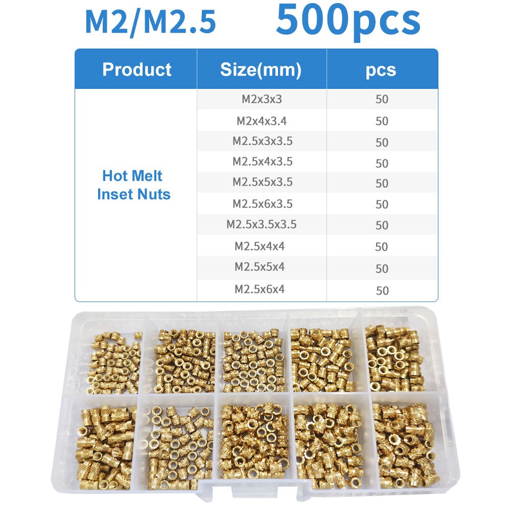 90-500 قطعة M2 M2.5 M3 M4 M5 M6 النحاس الساخن تذوب المكسرات مجموعة متنوعة موضوع النحاس مخرش الخيوط إدراج Embedment المكسرات مجموعة