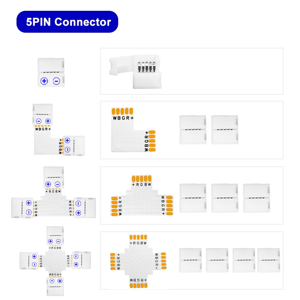 Led strip connector 2pin 3pin 4pin 5pin 10/12mm width L/T/X shape corner welding for WS2811 WS2812B 3528 5050 RGB LED light