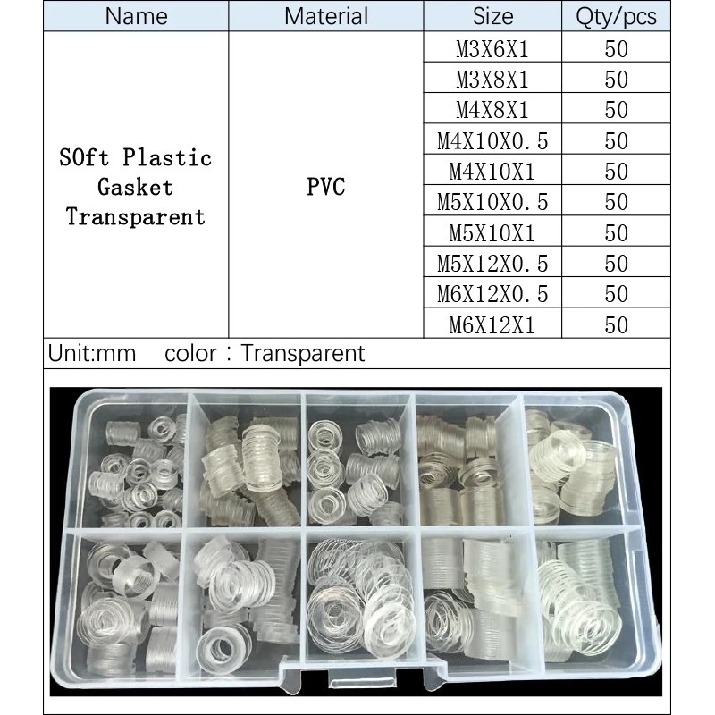 500pcs PVC Washers M3 M4 M5 M6 Soft/Hard Plastic Gasket Transparent Insulation Flat pading Screws Assortment