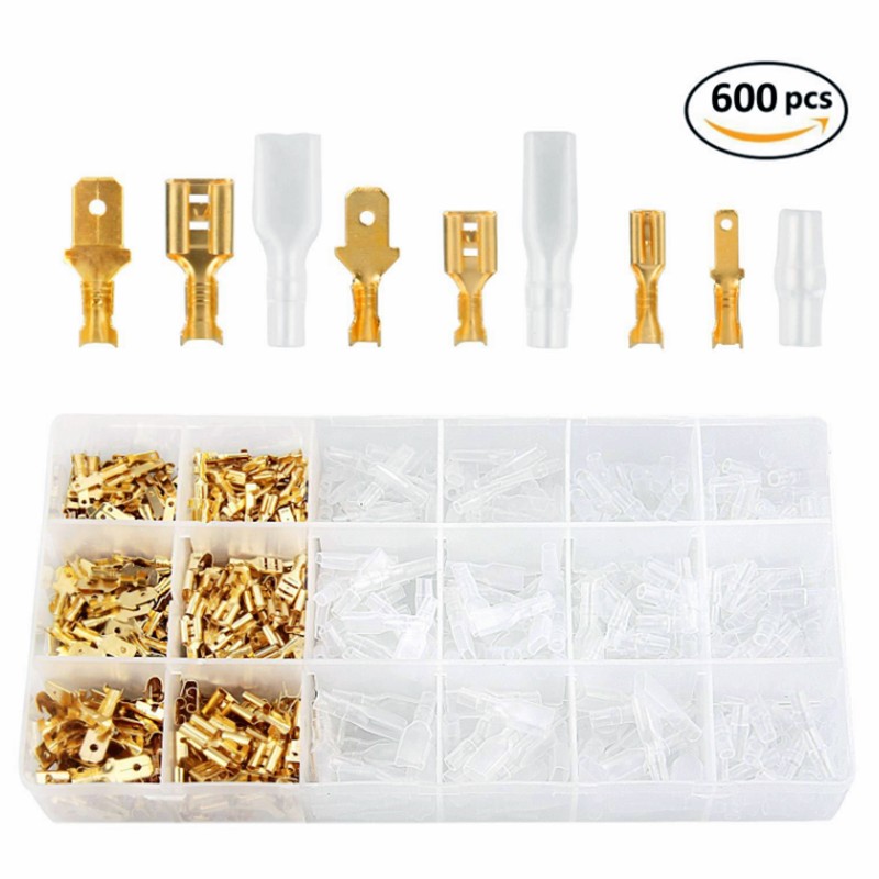 600pcs Female and Male Crimp Termination, Electrical Connector, Fastening Terminal Kit, Golden Plug-in 2.8/4.8/6.3mm Cold Press Pliers