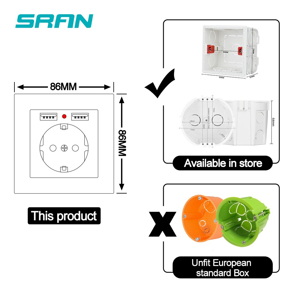 EU Power Socket,Socket With Usb Charging Port 2.1A 16A White Computer Board 86mm*86mm Russia Spain Wall Socket SRAN