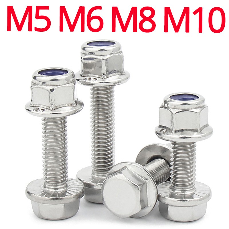 External Hex Bolt M5 M6 M8 M10 304 Stainless Steel Outer Hexagon Flange Screw Anti Slip Flange Nylon Locknut Combination Set